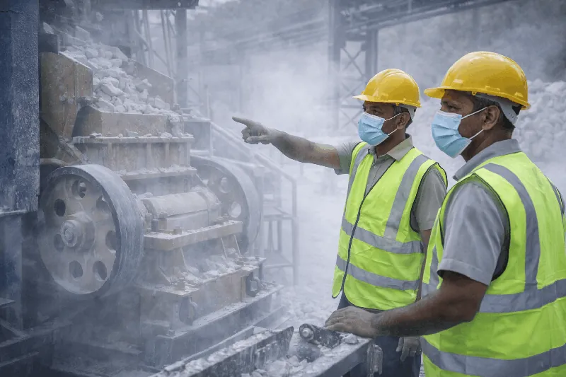 Workers monitoring stone crusher